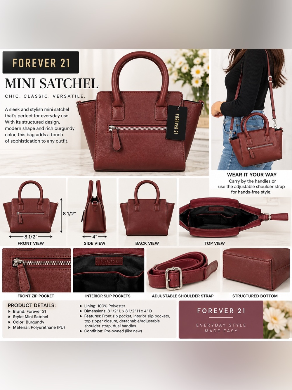 FOREVER 21 MINI SATCHEL HANDBAG – BURGUNDY (NEW WITH TAGS) A29
